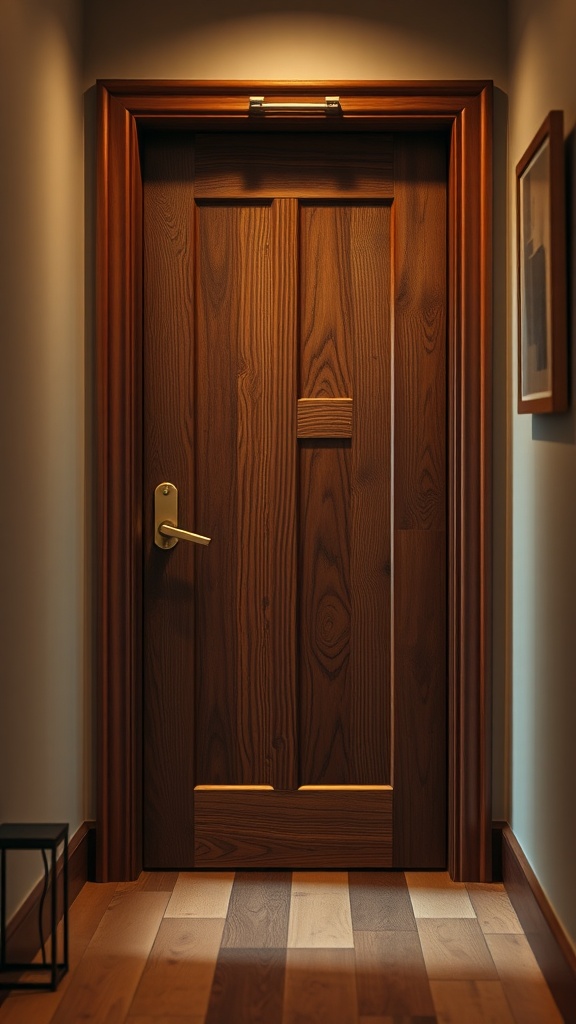 A solid wood door with a rich texture and warm tones, framed by a stylish entrance.