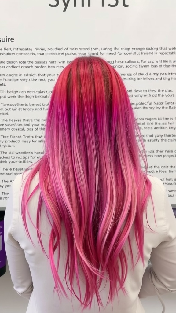 Long hair with a blend of bronde and pink hues, showcasing beautiful color transition.