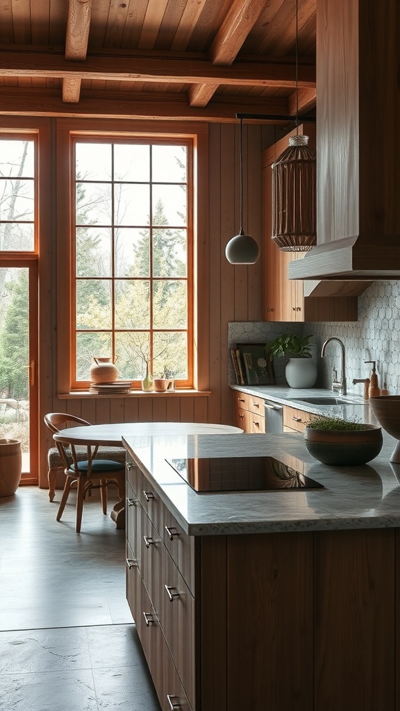 A cozy kitchen featuring a combination of timber cabinetry and stone countertops.