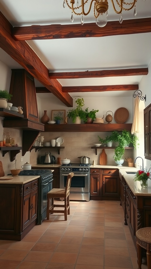 A rustic kitchen with timber beams, wooden cabinets, and plants, showcasing Italian interior design.