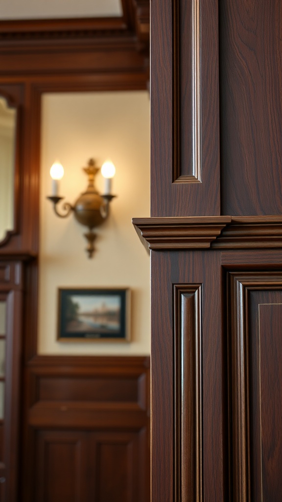 Close-up of mahogany wood detailing in a dark wood interior.
