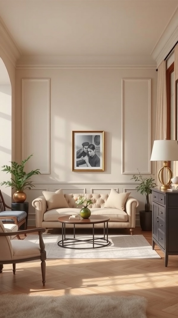 A modern classic living room with neutral colors, elegant furniture, and natural light.