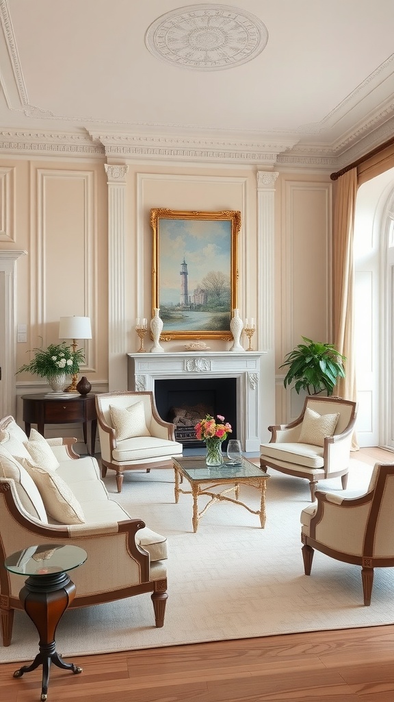 Neoclassical interior living room with soft color palette and elegant furniture.