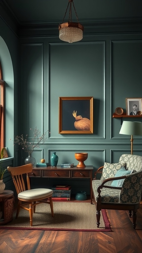 A cozy interior featuring deep green walls, elegant furniture, and warm wooden flooring.