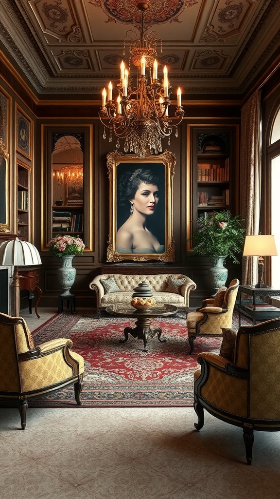 An elegant interior featuring classic Italian furniture, a chandelier, and rich decor.