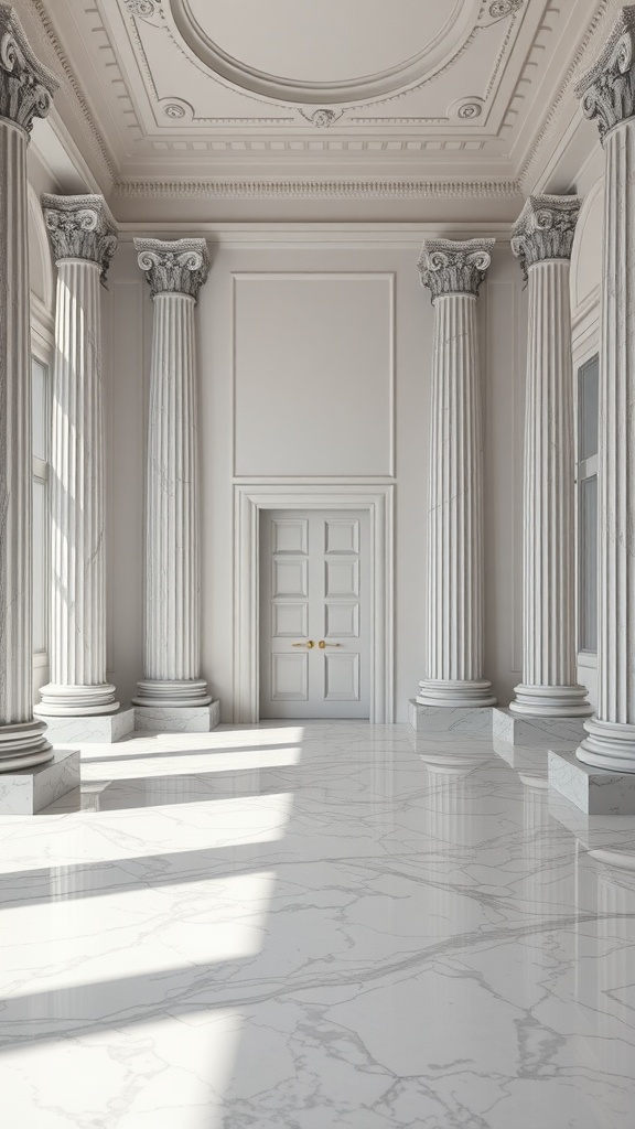 Elegant neoclassical interior with marble flooring and decorative columns.
