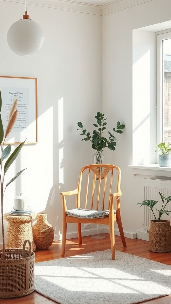 A cozy corner featuring a wooden chair, plants, and simple decor in a bright room.