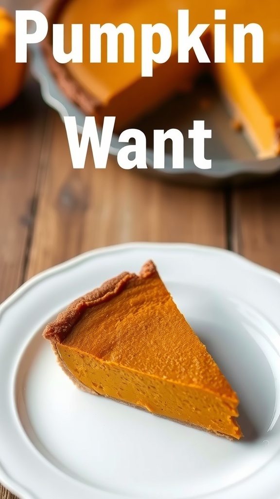 A slice of pumpkin pie on a white plate, showcasing its rich orange filling and textured crust.