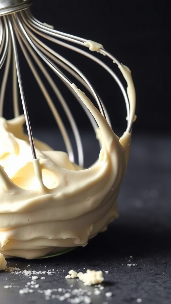 A close-up of cream cheese frosting being whipped in a bowl.