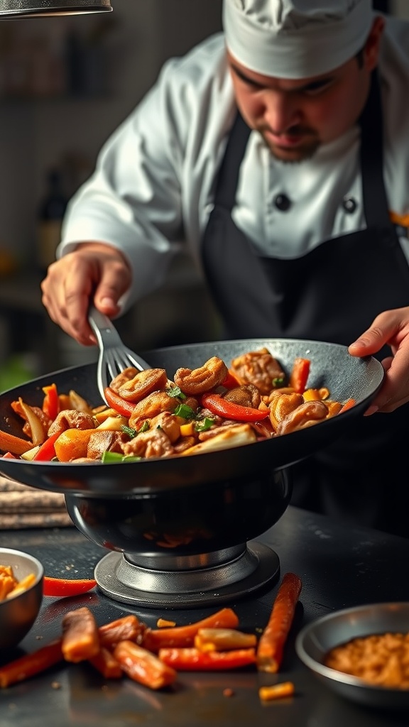 A chef preparing a colorful stir-fry with vegetables and meat.
