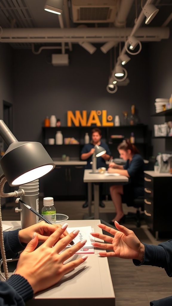 A nail technician working with a client, showcasing tools and nail designs in a modern salon setting.
