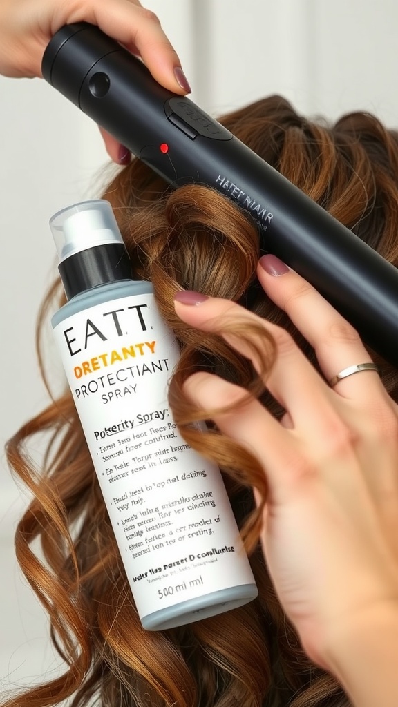 A person using a curling iron on hair with a heat protectant spray nearby.