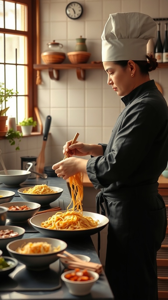 A chef preparing Hakka noodles with various fresh vegetables and ingredients around.