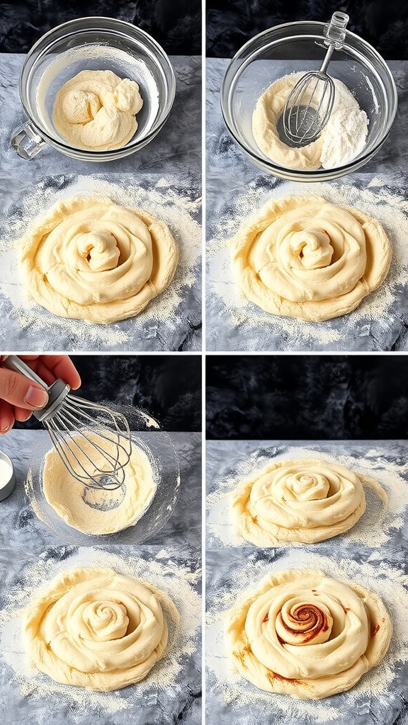 A display of the process involved in creating cinnamon rolls, including dough preparation and rolling techniques.