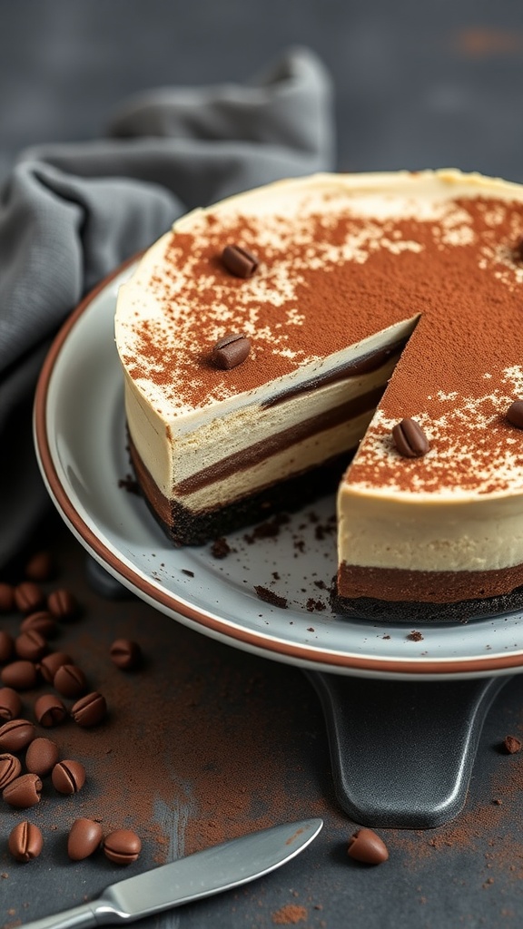 A slice of Tiramisu Inspired Keto Cheesecake on a plate