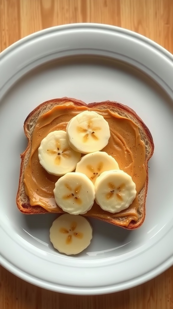 Toasted English muffin topped with peanut butter and banana slices
