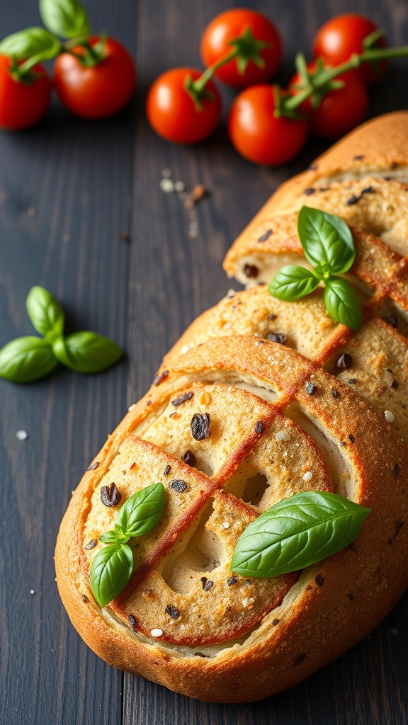 A loaf of Tomato Basil Gluten Free Bread with fresh basil leaves and cherry tomatoes.