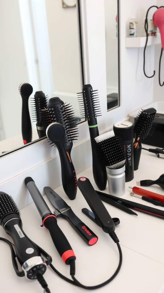 Various hair styling tools including brushes, a curling iron, and hair products.