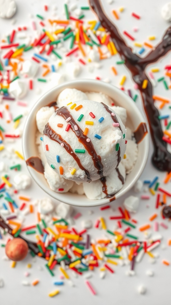 Delicious snow ice cream topped with colorful sprinkles and chocolate syrup.