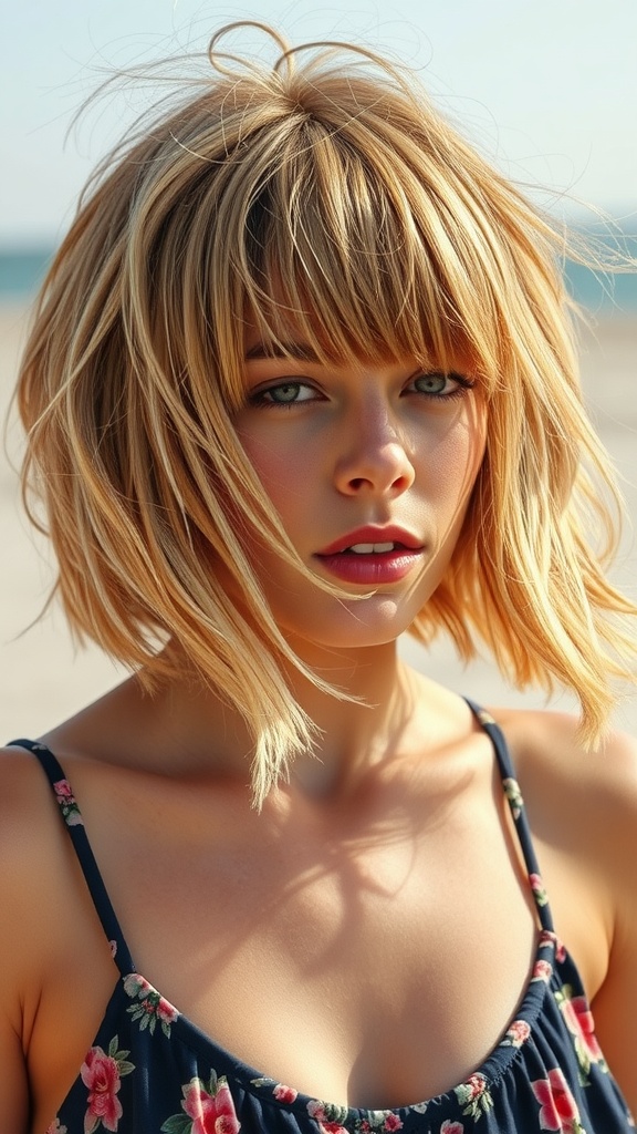 A woman with a tousled bob hairstyle and beachy bangs, standing outdoors.