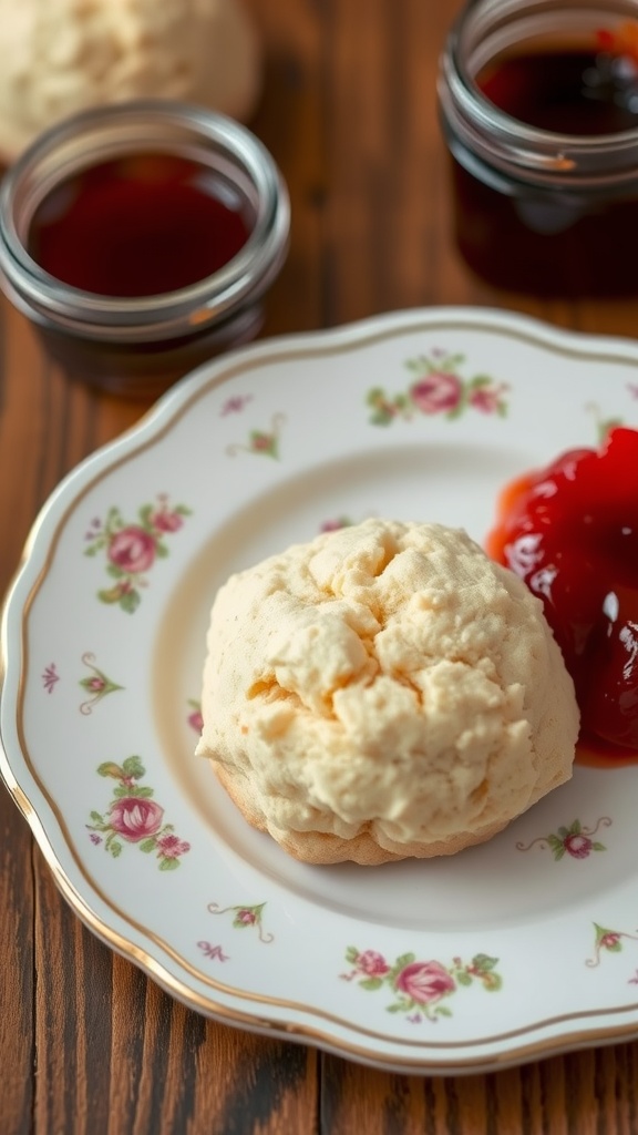 Traditional English cream scones on a floral plate with jam