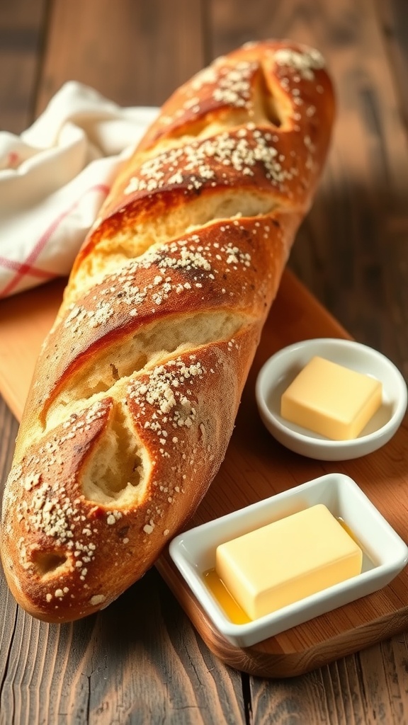 Traditional French gluten free bread with butter on a wooden board