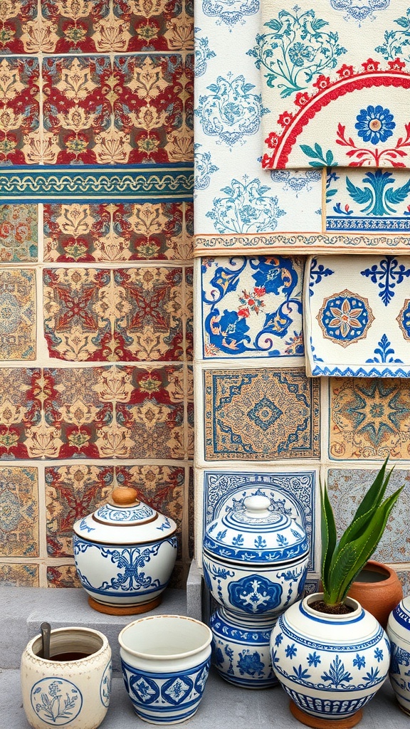 A collection of traditional Mediterranean patterns on tiles and decorative pottery.