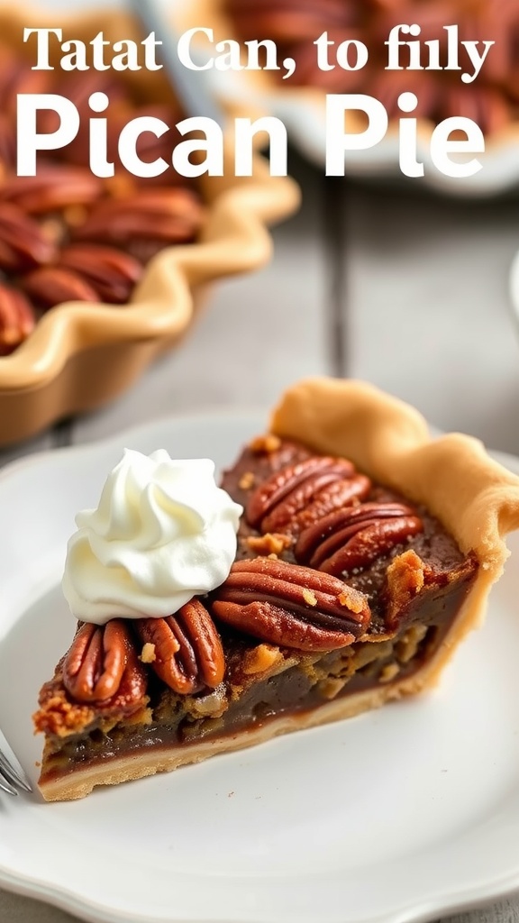 Slice of pecan pie topped with whipped cream and pecan halves.