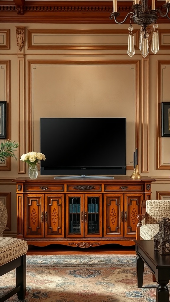 Traditional wooden TV unit with classic design elements, featuring intricate carvings and a warm finish.
