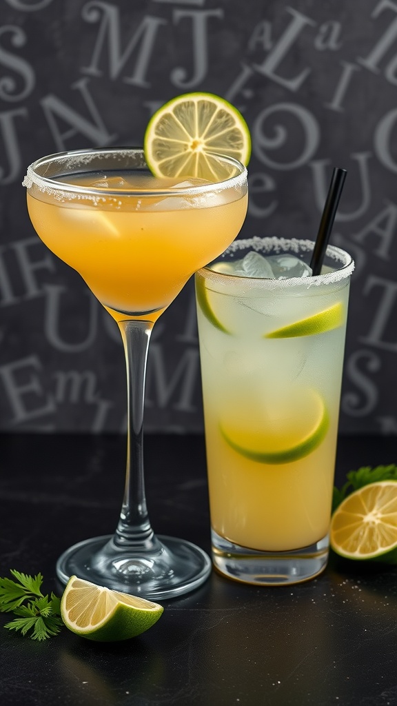 A classic margarita cocktail served in a salt-rimmed glass, garnished with a lime wedge, accompanied by a refreshing drink.