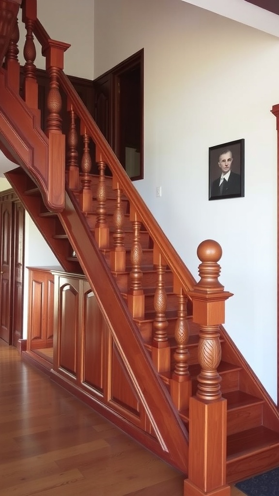 A traditional wooden staircase with decorative banisters and polished wood finish.
