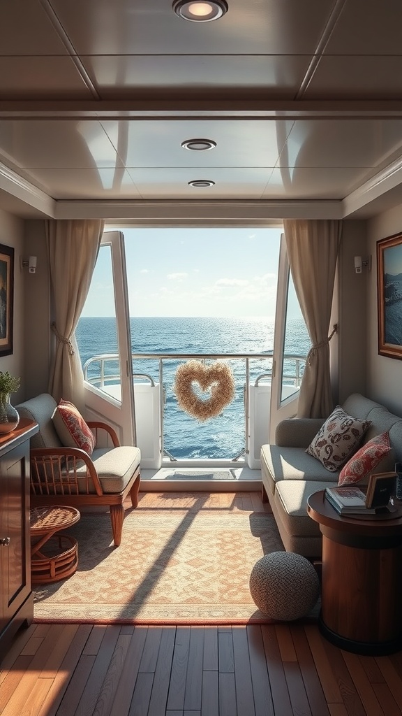 Cozy reading nook in a luxury yacht with ocean view