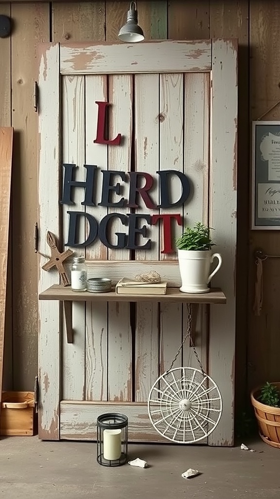 A rustic old door repurposed as a decorative shelf with plants and decor items.