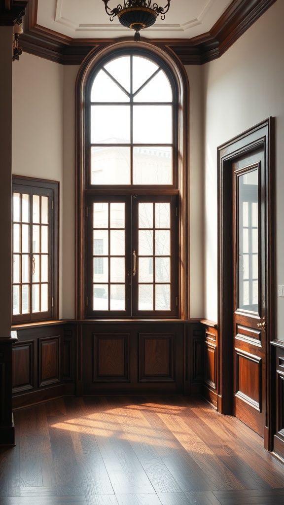 Interior space featuring dark wood trims and large windows