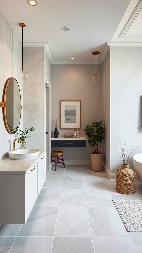 Modern bathroom interior design featuring natural elements and transitional style.