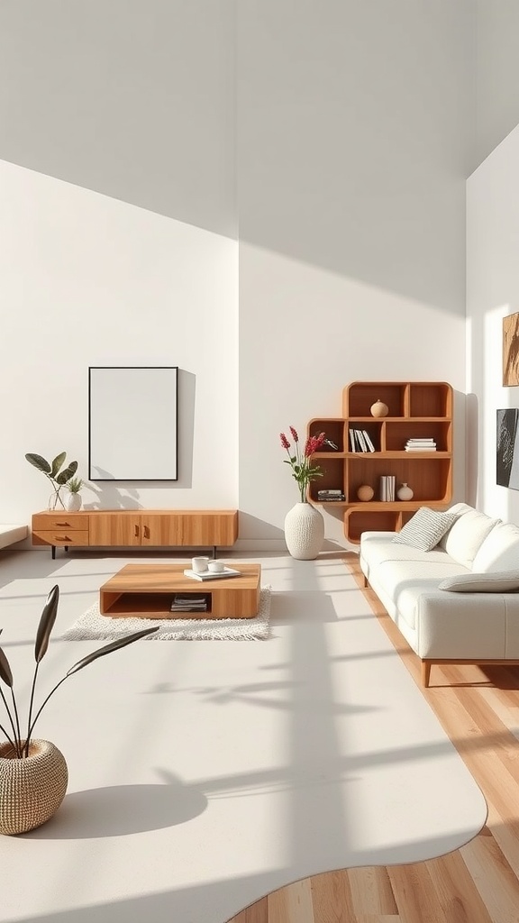 A bright, modern living room showcasing a seamless transition in design.