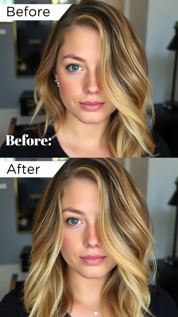 Before and after image of a woman's hair transition to bronde color.
