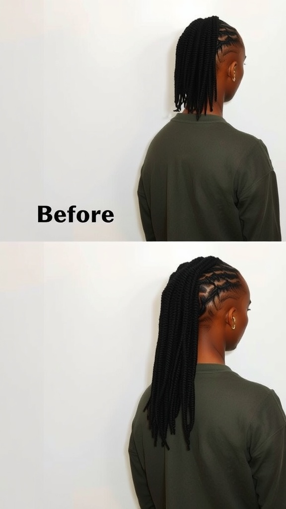 A before and after view of a person's hairstyle transition to butterfly locs.