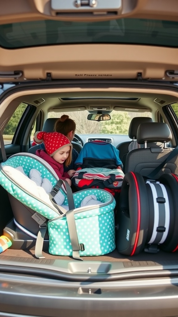Interior view of a car trunk filled with baby gear and children.
