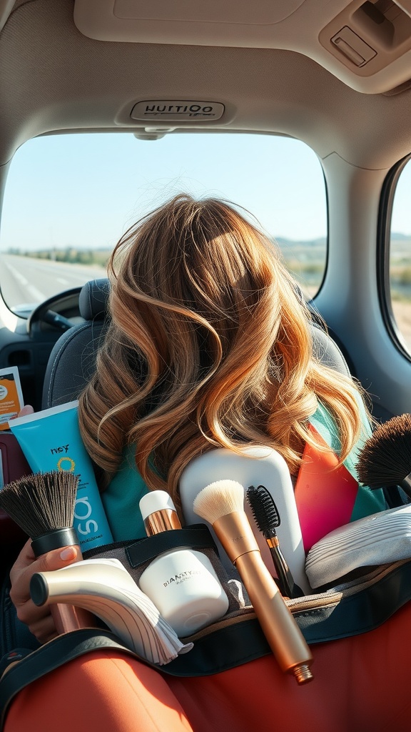 A person with wavy bronde hair sitting in a car, surrounded by hair care products.