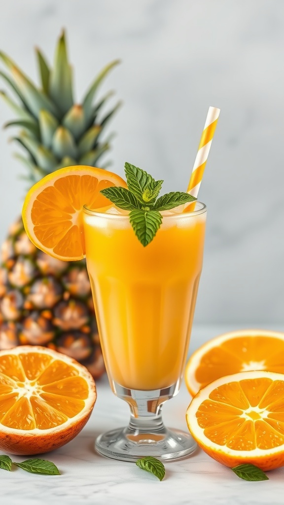 A refreshing tropical citrus smoothie served in a glass with orange slices and fresh mint