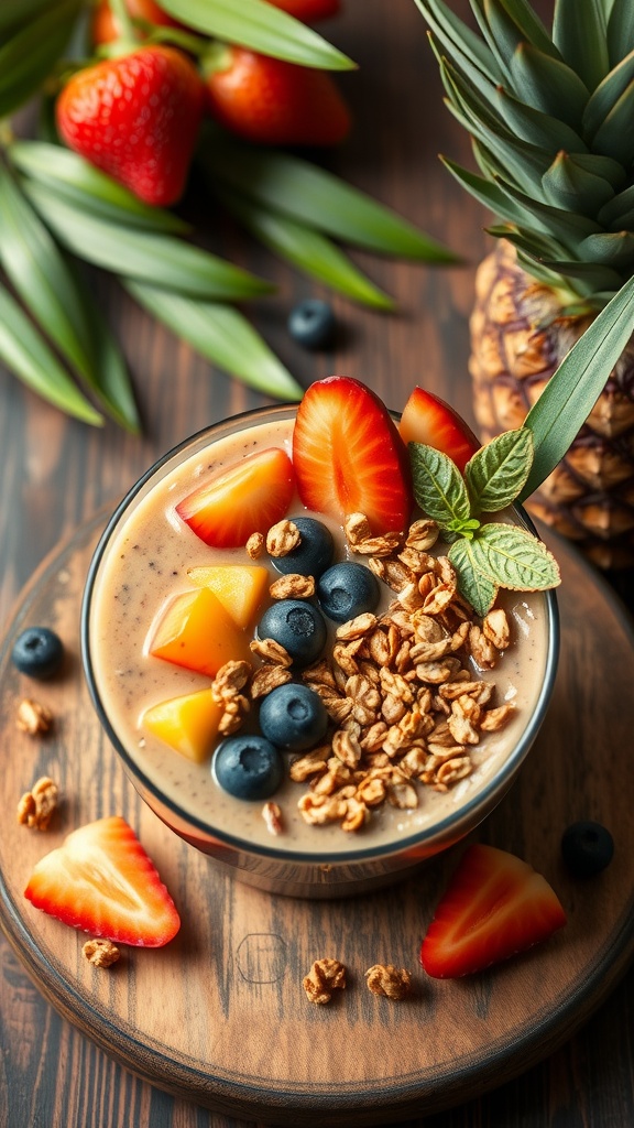 A vibrant tropical coffee smoothie bowl topped with granola, strawberries, and blueberries.