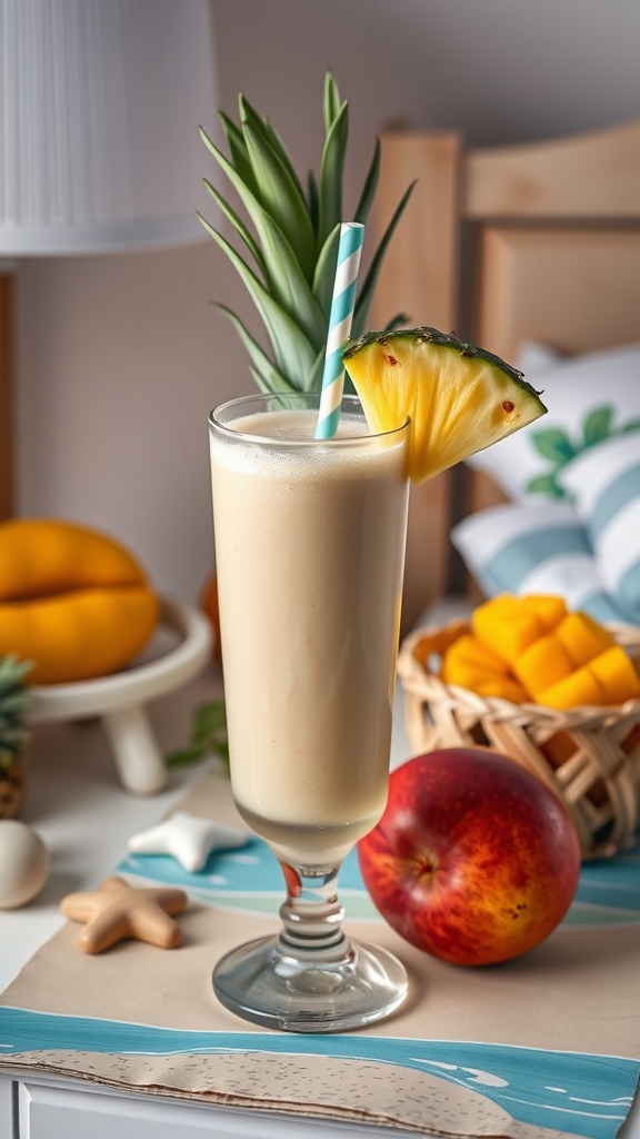 A refreshing tropical smoothie with a slice of pineapple and a straw.