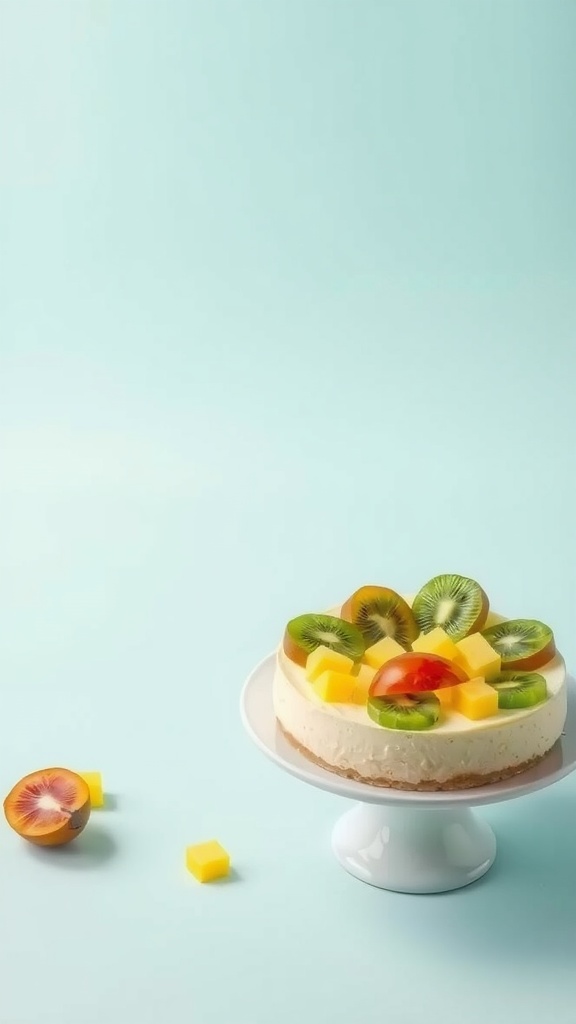 A tropical fruit keto cheesecake topped with fresh fruits on a white cake stand.
