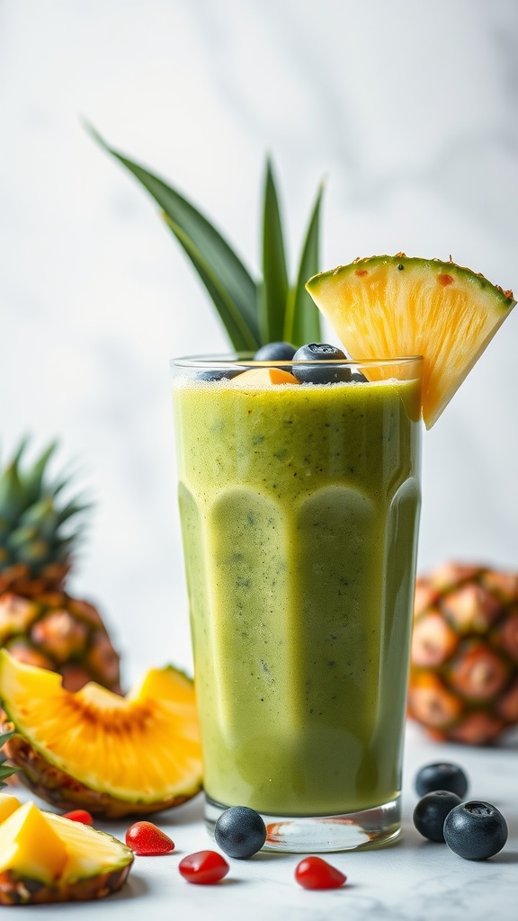 A refreshing green smoothie in a glass, garnished with pineapple and blueberries, surrounded by tropical fruits.