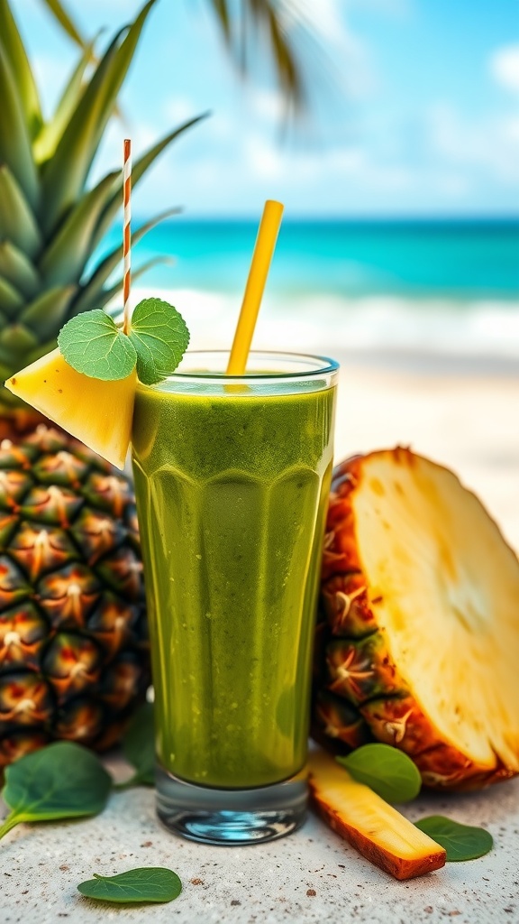 A refreshing green smoothie made with pineapple and spinach, served in a glass with a straw.