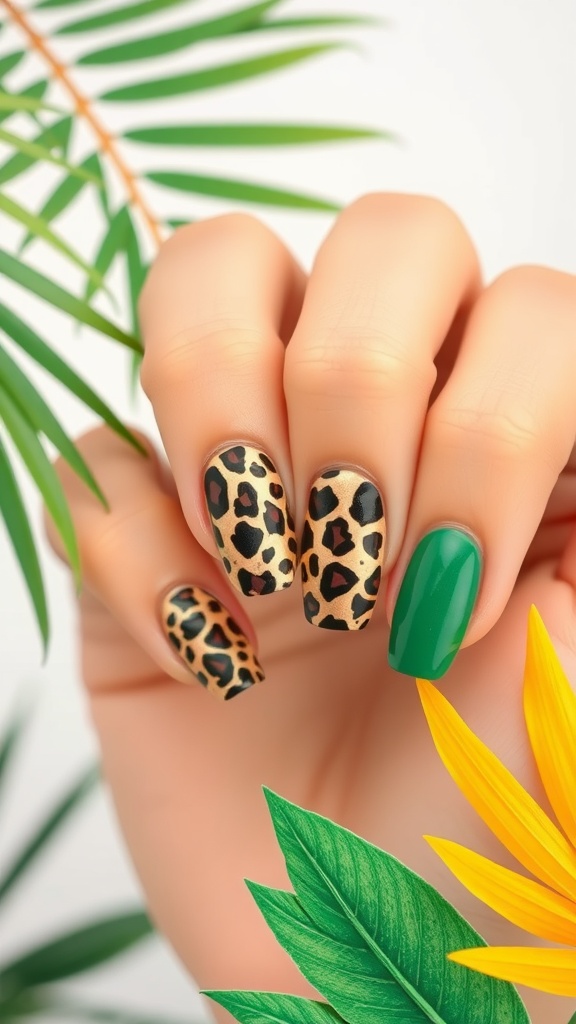 A close-up view of leopard print nails with a green accent nail surrounded by tropical leaves.