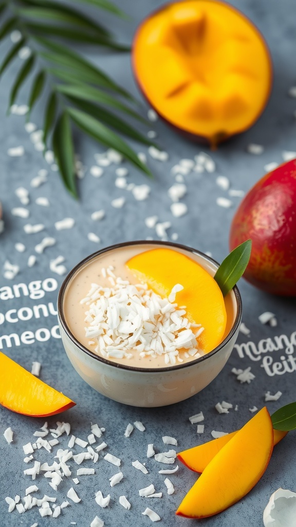 A delicious tropical mango coconut smoothie bowl topped with mango slices and shredded coconut.