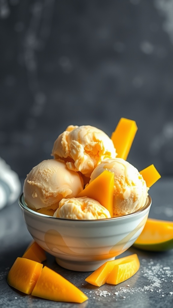 A bowl of creamy mango ice cream with fresh mango slices