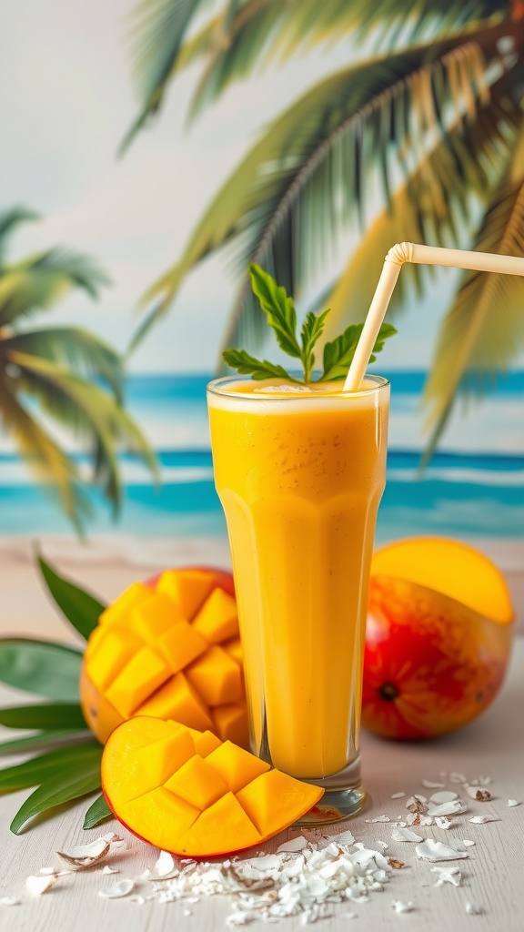 A refreshing tropical mango smoothie in a glass with fresh mango slices and a beach background.